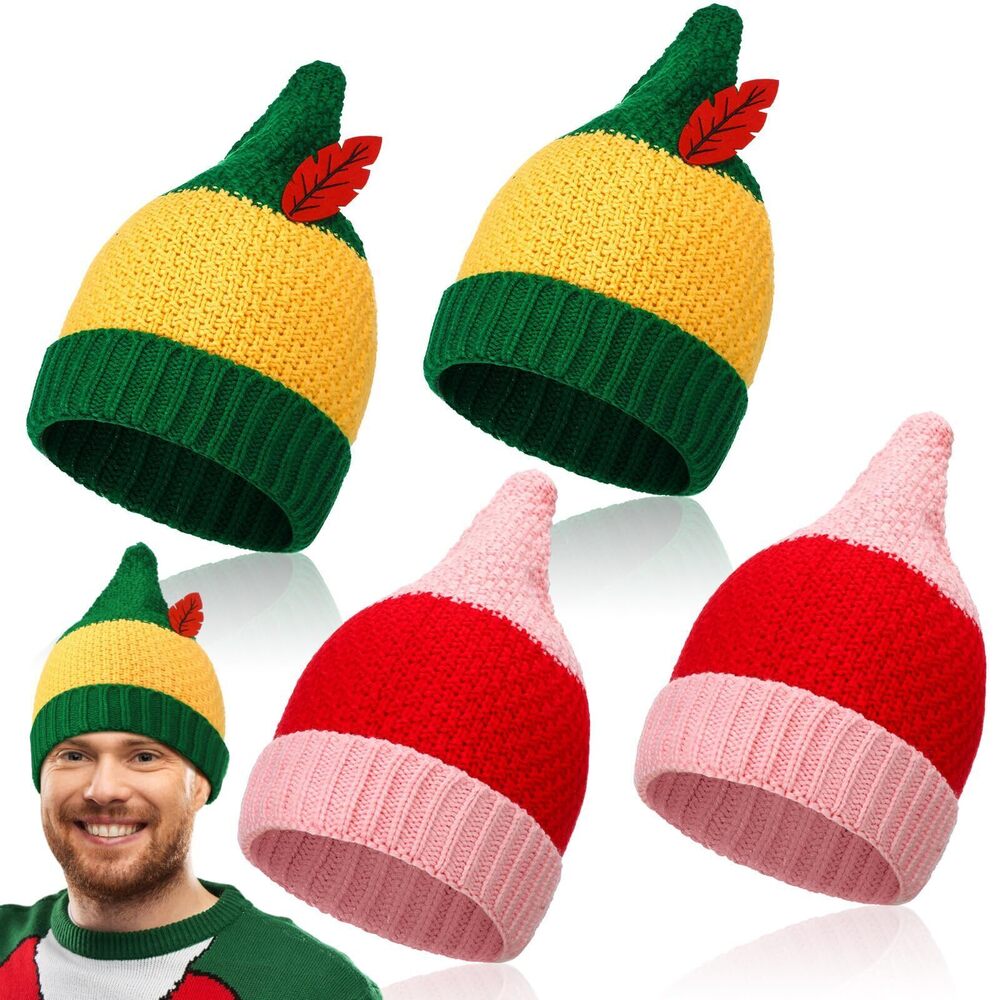 4194 4 Pcs Knitted Santa Elf Hat Christmas Adults Knit Beanie Hat Santa Cap